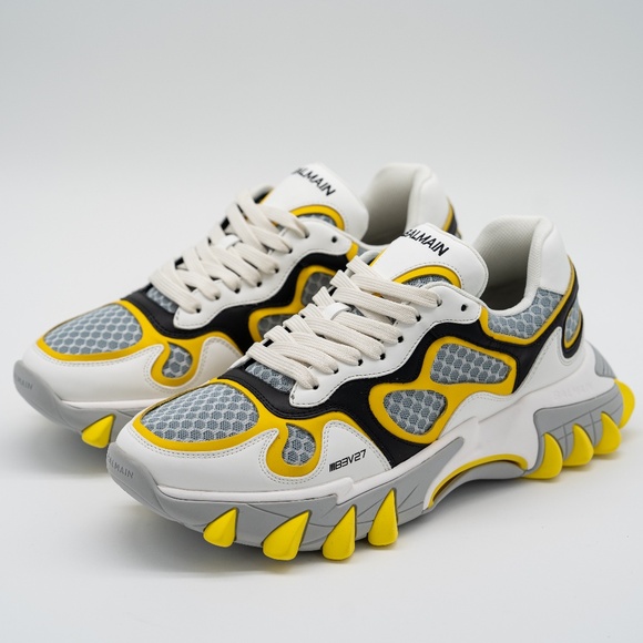 size 46 13 US Balmain B-East White Black Yellow Sneakers Leather Mesh